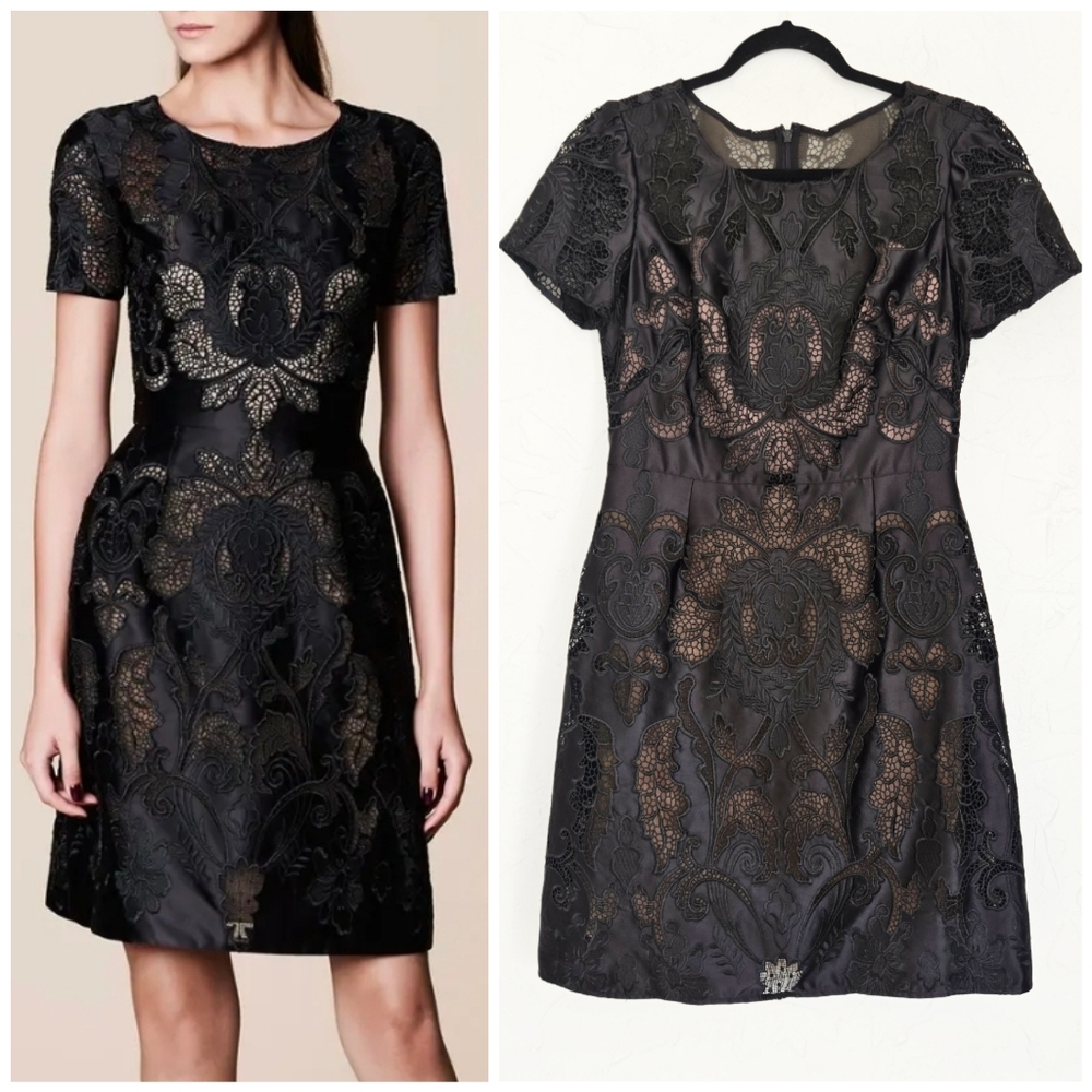 Marchesa Notte Black Tan Crochet Short Sleeve Dress, 6